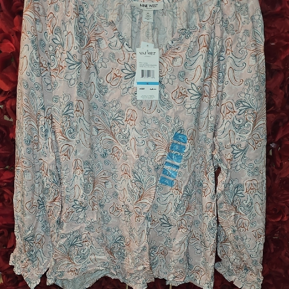 Nine West Blue and Pink Ruffled Long Sleeve Blouse Size XLarge